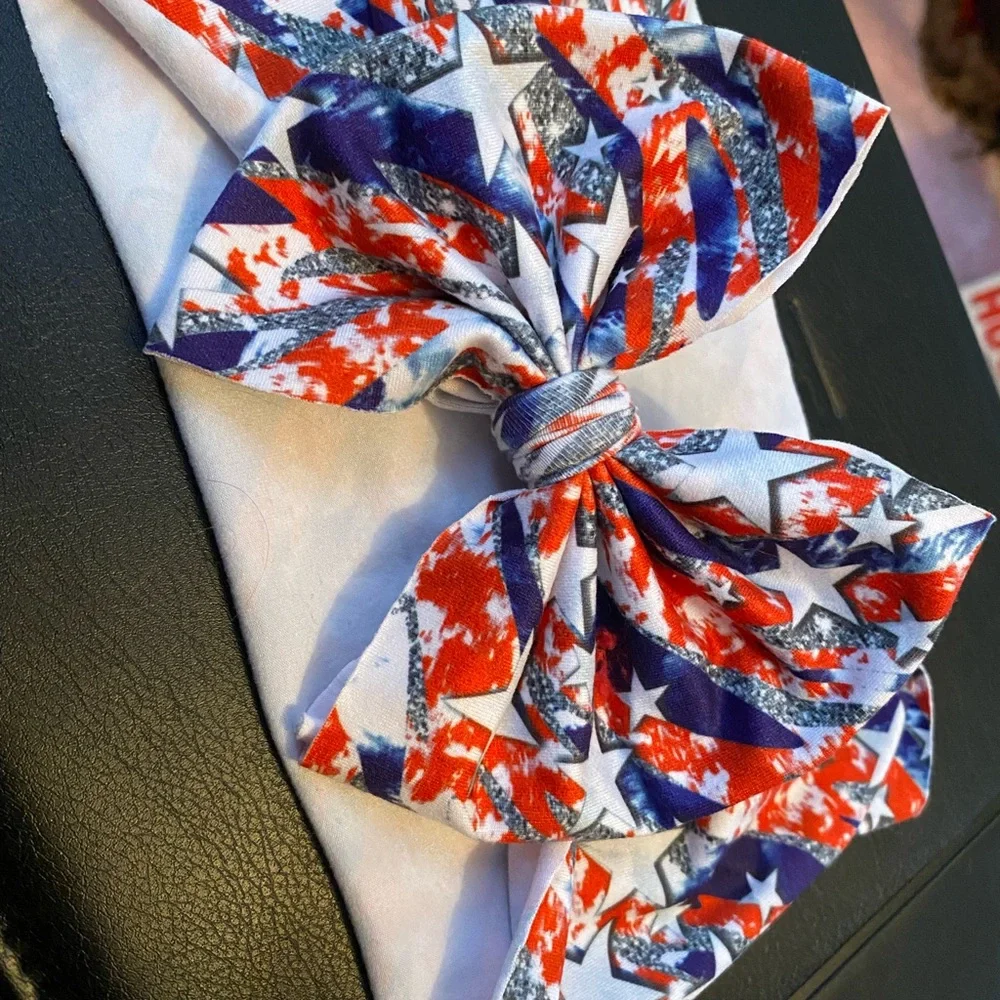 Patriotic Stars and Stripes Kids Headband Bow Hand Crafted